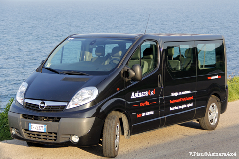 Minivan Preddumasciu con scritte pubblicitarie e mare sullo sfondo